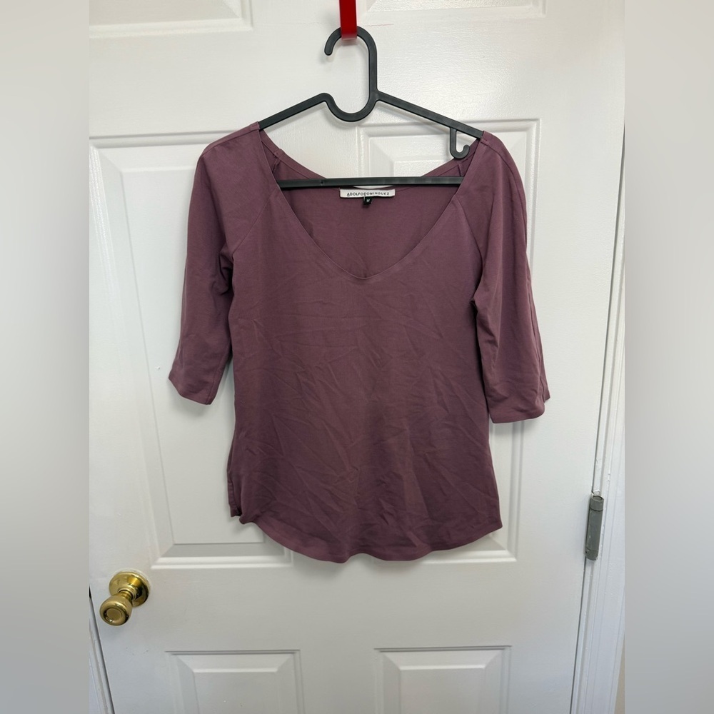 Adolfo Dominguez Purple 3/4th Sleeve Top M Career Office Casual Fitted Sexy
